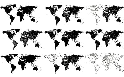 Collection of world maps with various line styles and patterns isolated on white background