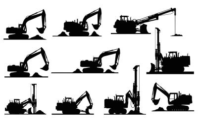 Construction excavator silhouette set, heavy machinery icons, isolated on white background
