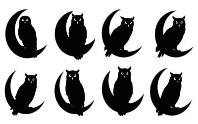 Eight black owl silhouettes sitting on crescent moons in a vector isolated on white background