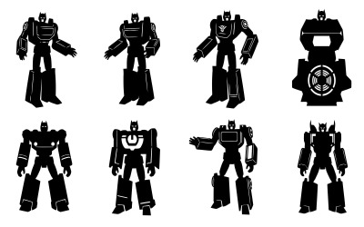 Eight black robot silhouettes in various poses on vector illustration isolated on white background