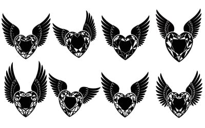 Eight black winged heart symbols in various orientations vector isolated on white background