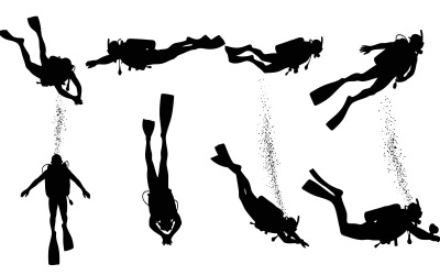Seven black scuba divers in various swimming positions silhouette isolated on white background