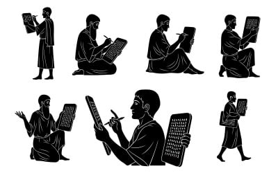 Silhouette of man in various poses reading and writing on ancient isolated on white background