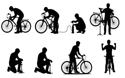 Silhouette of man performing various bicycle maintenance actions isolated on white background
