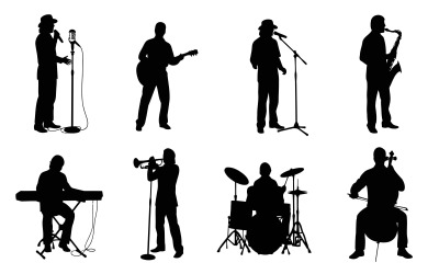 Silhouette of musicians playing various instruments isolated on white background