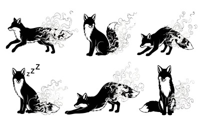 Six black and white foxes in various poses with smoke effects Vector isolated on white background