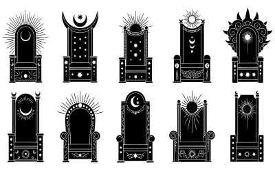 Ten mystical throne silhouettes with celestial designs Vector isolated on white background