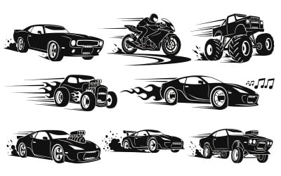Vector illustration of various racing cars and motorcycle in motion isolated on white background
