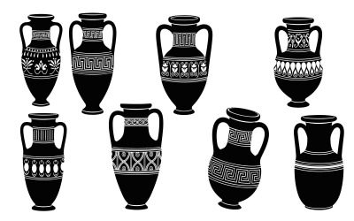Ancient Greek Amphora Collection with Traditional Patterns Flat isolated on white background