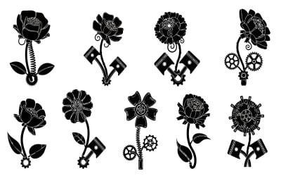 Black silhouette of steampunk mechanical flowers illustration isolated on white background