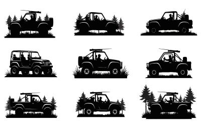 Collection of off-road vehicle silhouettes with driver in forest isolated on white background