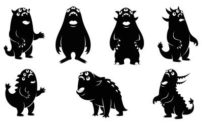Collection of various scary monster creature silhouettes roaring and isolated on white background