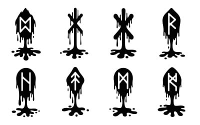 Dark mystical runic letters with dripping liquid effect graphic isolated on white background