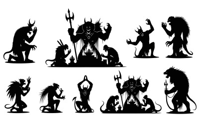 Dark occult ritual with horned demons and monsters silhouette isolated on white background