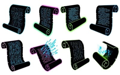 Eight glowing digital scrolls displaying data code and circuit board isolated on white background