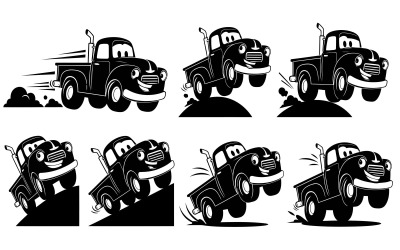 Happy cartoon pickup trucks driving, jumping, and racing, flat vector isolated on white background