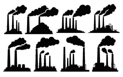 Industrial factory silhouettes with smoke, black vector flat design. isolated on white background