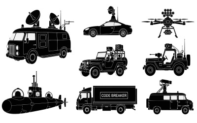 Insieme di veicoli e attrezzature militari, di spionaggio e di sorveglianza isolati su sfondo bianco