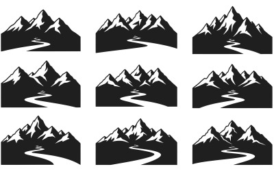 Set of black mountain range with winding river path flat vector icons isolated on white background