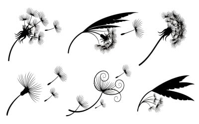 Silhouette di tarassaco nero con semi volanti nel vento, design piatto isolato su sfondo bianco