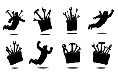 Silhouetten van vliegende superheldenmonteurs met zwevende gereedschapskisten, geïsoleerd op een witte achtergrond.