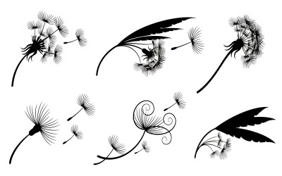 Silhouetten van zwarte paardenbloemen met wapperende zaadjes in de wind. Plat ontwerp, geïsoleerd op een witte achtergrond.