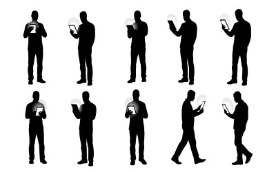 Silhouettes of men interacting with glowing digital tablets isolated on white background