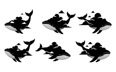Surreal black whale silhouette filled with clouds, isolated on white background