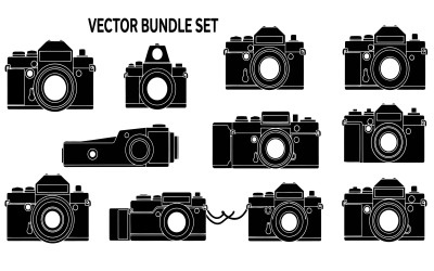 Zwarte vintage camera-fotografieapparatuur silhouetten vectorbundel geïsoleerd op witte achtergrond