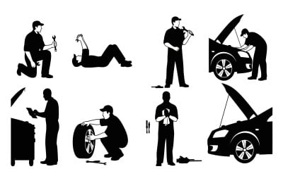 Автомеханіки, що працюють над ілюстрацією силуету автомобілів, ізольованою на білому тлі