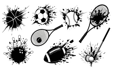 Black and white sports equipment illustration with dynamic ink splash isolated on white background