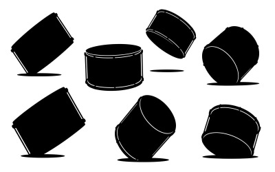 Black drum silhouettes set in various tilted positions, vector graphic isolated on white background