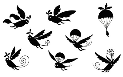 Black flying fantasy bug creatures vector silhouette illustration isolated on white background