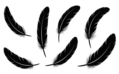 Black flying feathers silhouette flat design elements set. isolated on white background
