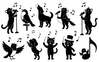 Black silhouette animals singing and conducting music illustration isolated on white background