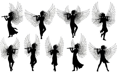 Black silhouette of angels playing flutes isolated on white background