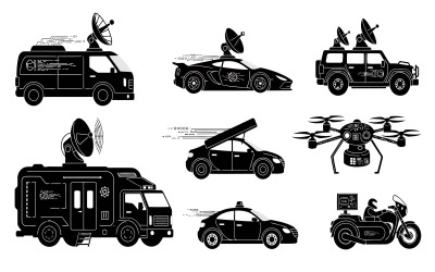 Black silhouettes of various communication and surveillance vehicles isolated on white background