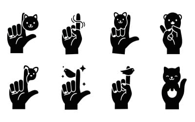 Collection of black hand and animal gestures flat vector icons isolated on white background