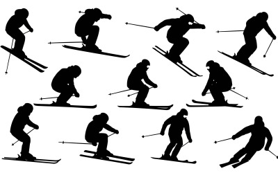 Collection of black skiing silhouettes isolated on white background