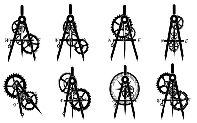 Collection of detailed drawing compasses with gears and navigation isolated on white background