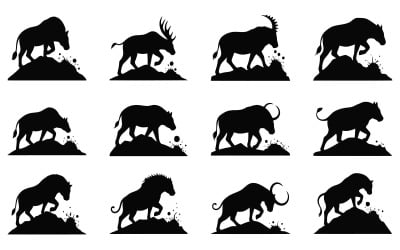 Collection of diverse wild animal silhouettes walking flat illustration isolated on white background