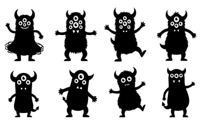Collection of funny black monster character silhouettes with horns and isolated on white background