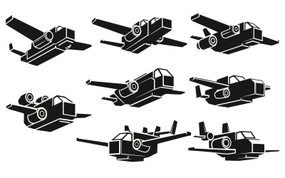 Collection of various black futuristic aircraft designs with isometric isolated on white background