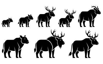Collection of various horned animals in silhouette flat illustration isolated on white background