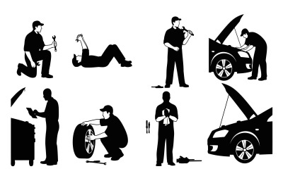 Conjunto de ilustrações em silhueta de mecânicos automotivos trabalhando em carros, isoladas em fundo branco.