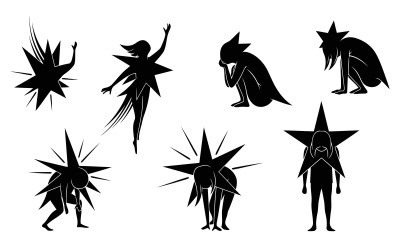 Diverse black silhouette vector figures with star elements expressing isolated on white background