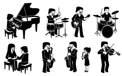 Diverse musical performers playing instruments black silhouette isolated on white background