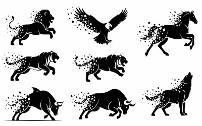 Dynamische collectie van platte illustraties van versplinterde dieren, geïsoleerd op een witte achtergrond.
