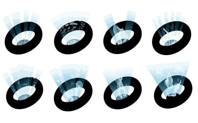 Flache Designillustration von schwarzen Ringen, die abstraktes Hellblau projizieren, isoliert auf weißem Hintergrund