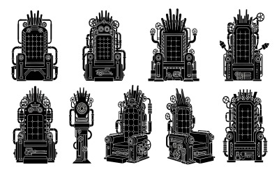 Gedetailleerde silhouetten van steampunk-tronen, vectorillustraties, geïsoleerd op een witte achtergrond.